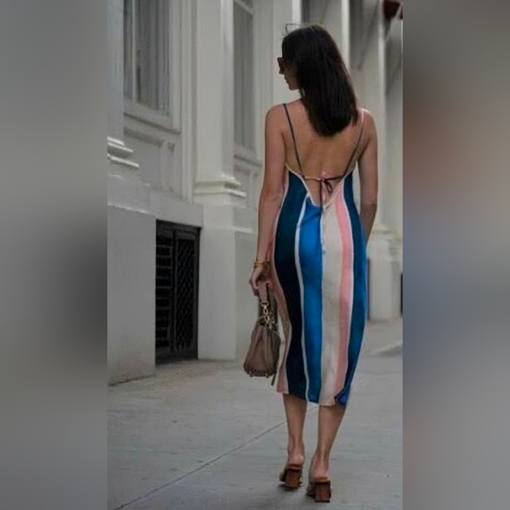 Lemlem x H&M • Satin Bubble Gum Blue/Pink Striped Slip Midi Dress Size Medium